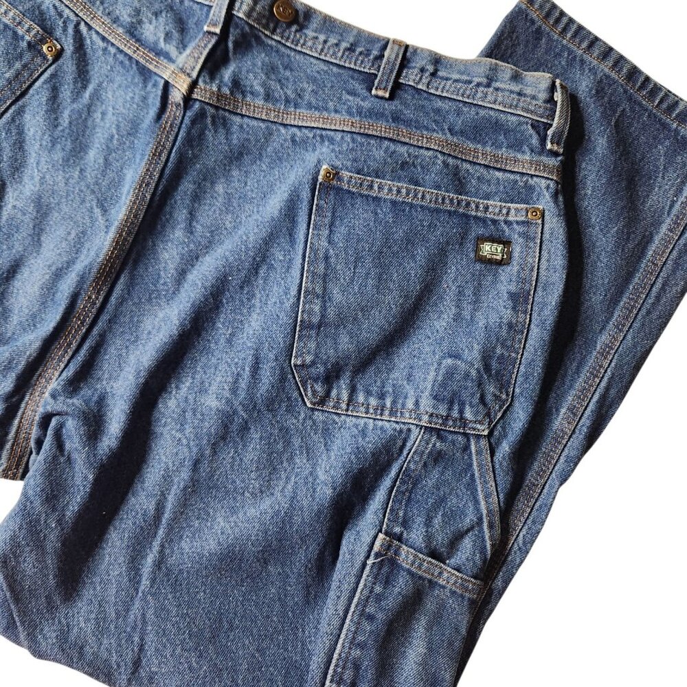 Key Mens Jeans Carpenter Blue Denim Workwear Medium Wash Straight Leg 46X32 - Picture 4 of 11
